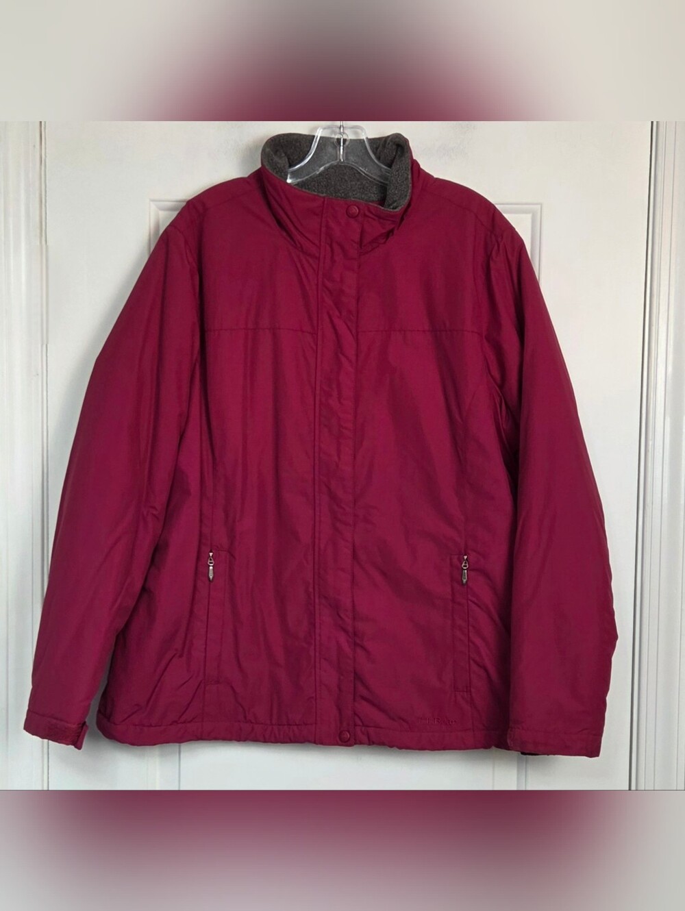 LL Bean Womens Raspberry Gray Fleece Lined Winter Coat Jacket - Size XL - GUC